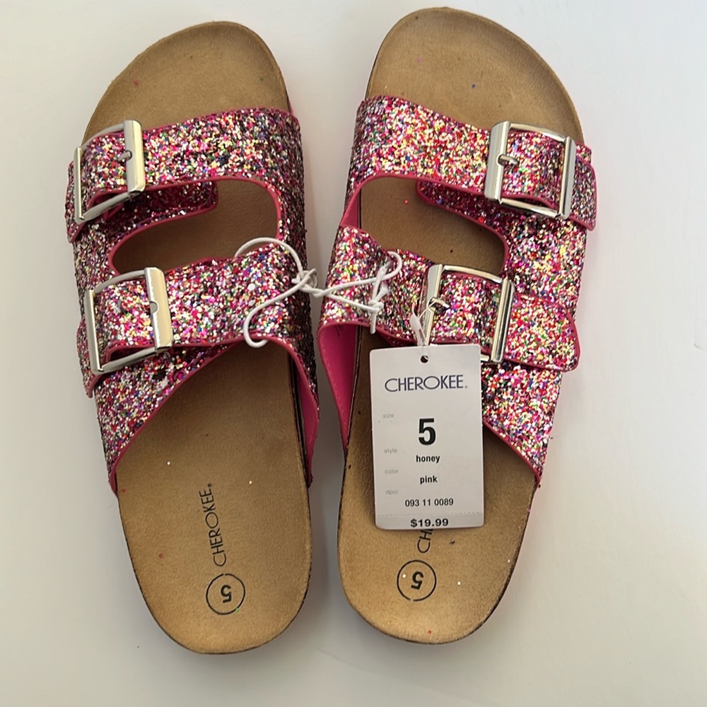 New Cherokee Pink Multi Colored Glitter Sandal